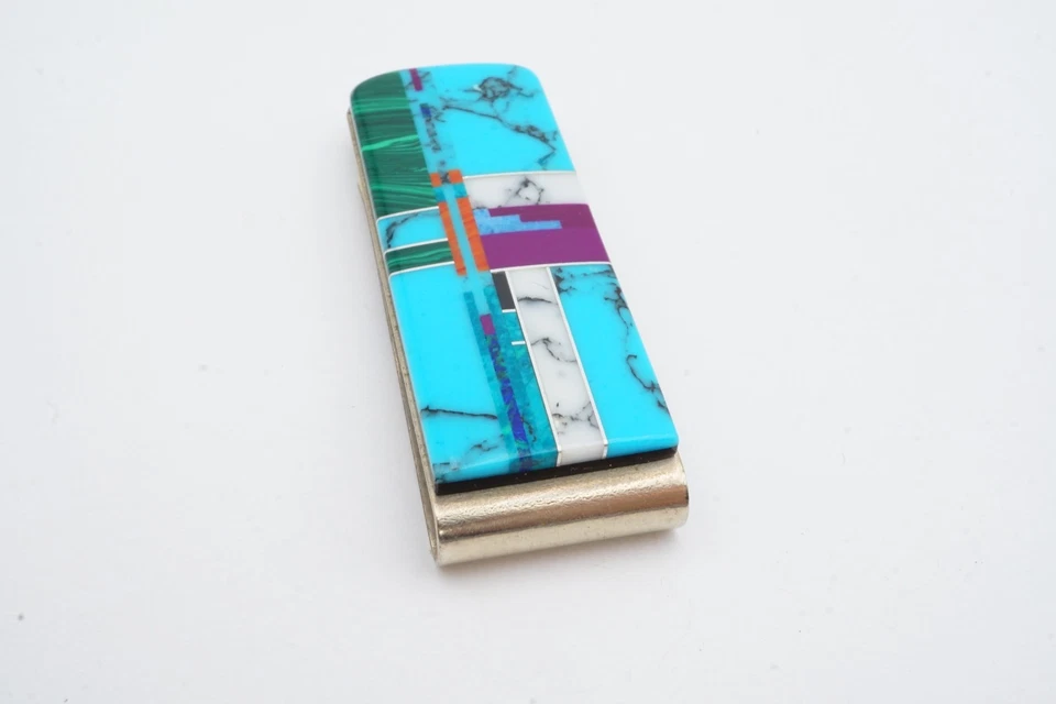 Vintage Money Clip Multi Stone Inlay Turquoise Malachite Silver Tone - Image 2 of 4