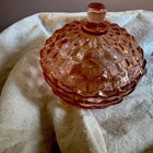 Vintage Pink Depression Glass Candy Dish w/ Lid Geometric Diamond Pattern