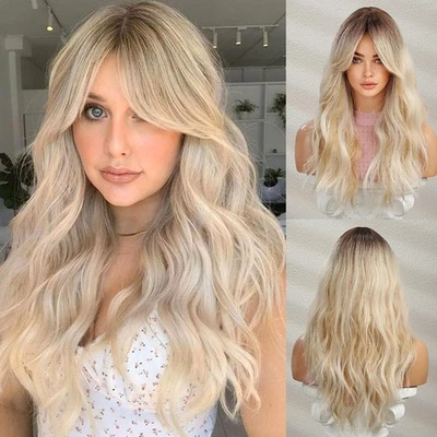 Perücke Damen Wellig Lange Ombre Blonde Hitzeresistent Modisch