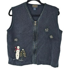 Woolrich Snowman Sweater Vest Black Christmas Zip Snowflakes Vintage Ugly Unique