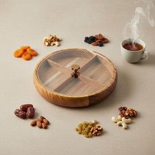 Round Wooden Snack Tray with Lid Divided Dry Fruit Tray 4 Compartments