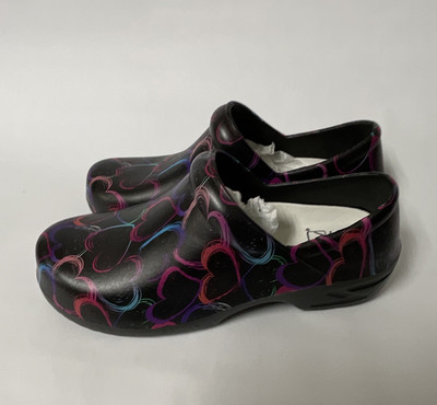 Hey Women s Slip-On Comfort Clogs Black Heart Print Round Toe US 9 M