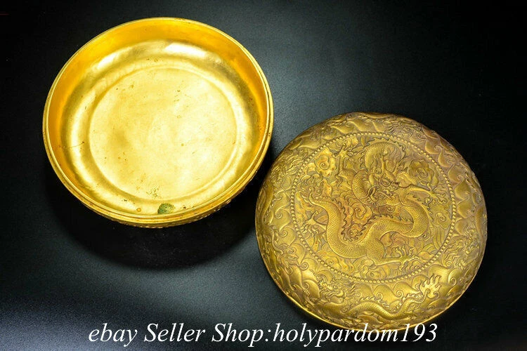 Joyero redondo de nueve dragones dorado oro 24K bronce púrpura chino antiguo de 8"  Foto 2 de 4