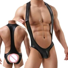 Men male Sexy Bodysuit PU Leather Backless One Piece Jumpsuits Wrestling Singlet
