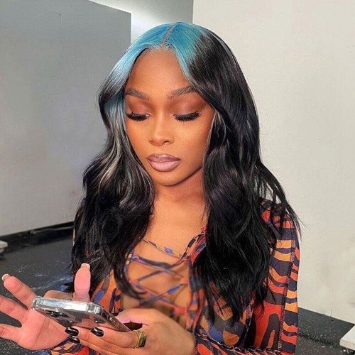 13x4 Body Wave Lace Front Wig with Blue Roots Remy Human Hair Wigs Pre Plucked