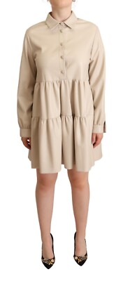 Jucca Vestido Cuero Beige Manga Larga con Cuello a-Line Mini IT44 / US10/L