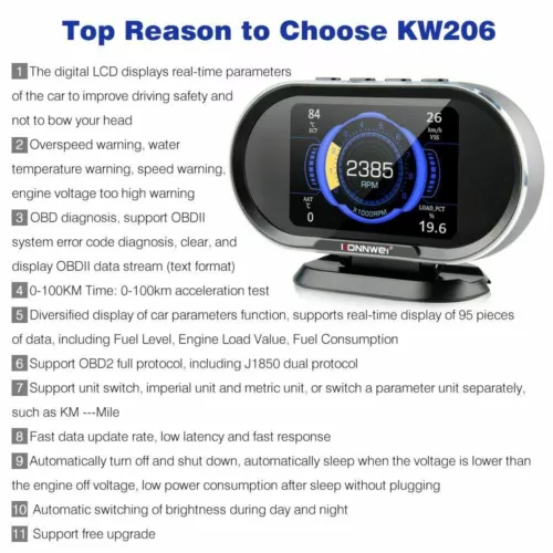 KONNWEI KW206 HUD Digital Display Car Scanner Fuel Consumption Temperature Gauge - Picture 5 of 11