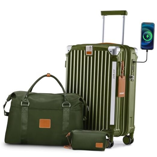20in Dark Green Carry On Luggage with Cup Holder and Handbag Strap-image