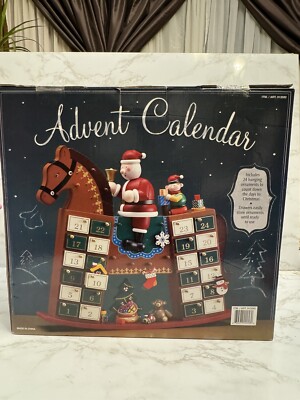 Christmas Rocking Horse Santa Wooden Advent Calendar w/ Ornaments Costco New