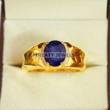 Blue Sapphire Oval Cut With 925 Sterling Silver Gold Plated Ring For Men #B585 *