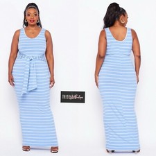 Plus Size 2X Light Blue Self Tie Striped Maxi Dress