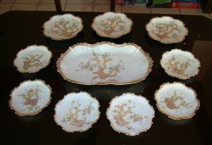 ANTIQUE LIMOGES LS&S HAND PAINTED DESSERT SET, PLATTER & 9 PLATES, FLORAL & GOLD