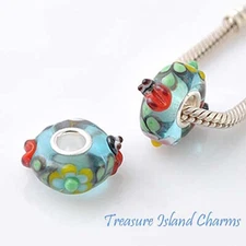 Ladybug with Flowers Murano Glass 925 Sterling Silver European Bead Charm Euro