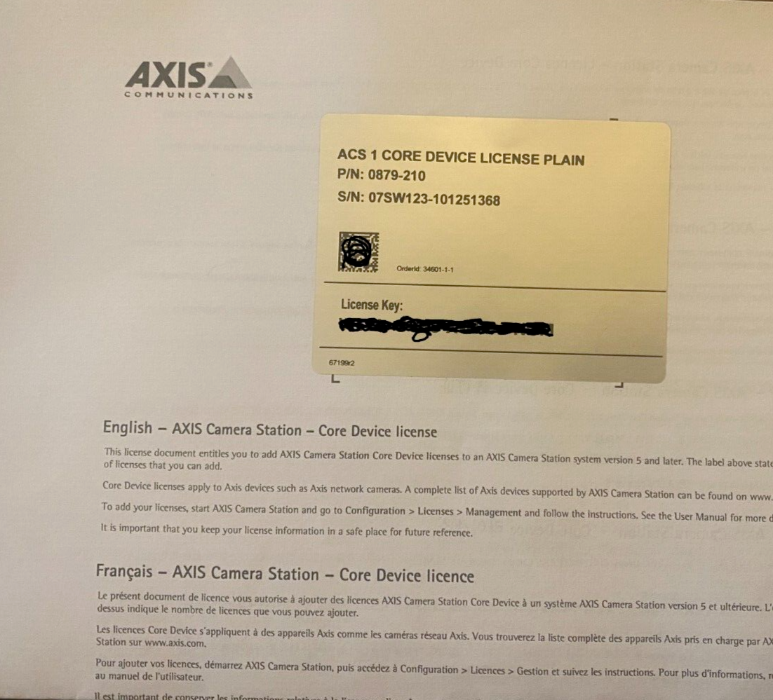 Axis Camera Station ACS 1 Core Device Camera License Packet (0879-210) FAST  SHIP | eBay