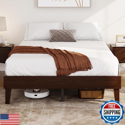 Yaheetech Queen Bed Frame Natural Solid Wood Platform Bed with Wooden Slats S