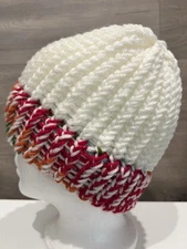 Skully Beanie Preppy White w/Multicolored Rim Handmade Crocheted Hat NEW! Size S