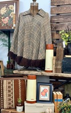 Vintage 1970s Country Place Wool Poncho Brown Beige Orange Plaid Excellent Shape