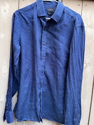 RESERVED Men's Sz 42 Slim  100% Linen BLUE Long Sleeve Button Down Shirt