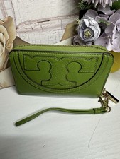 Tory Burch Green Zip-Around Wallet Wristlet Logo Zipper Credit Card Women