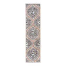 2'6"x10' Gray Real Silk with Textured Wool Mughal Design Hand Knotted Runner Rug