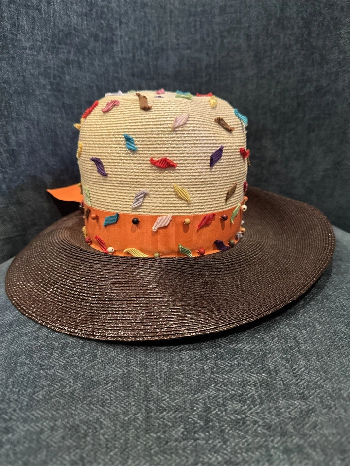 RARE Olympic Style Master Paris NY Milano Straw Cloche Hat w/ Sprinkles & Bow - Image 3 of 4