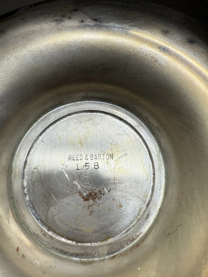 Reed Barton Teal 158 placa de plata salsa nuez tazón placa inferior pátina de colección Foto 3 de 4