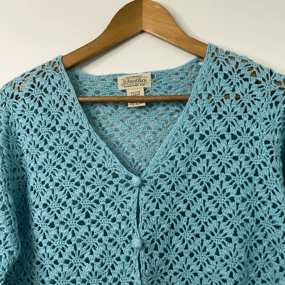 Cárdigan vintage St John’s Bay para mujer PL ganchillo tejido a mano algodón azul pastel Foto 2 de 4