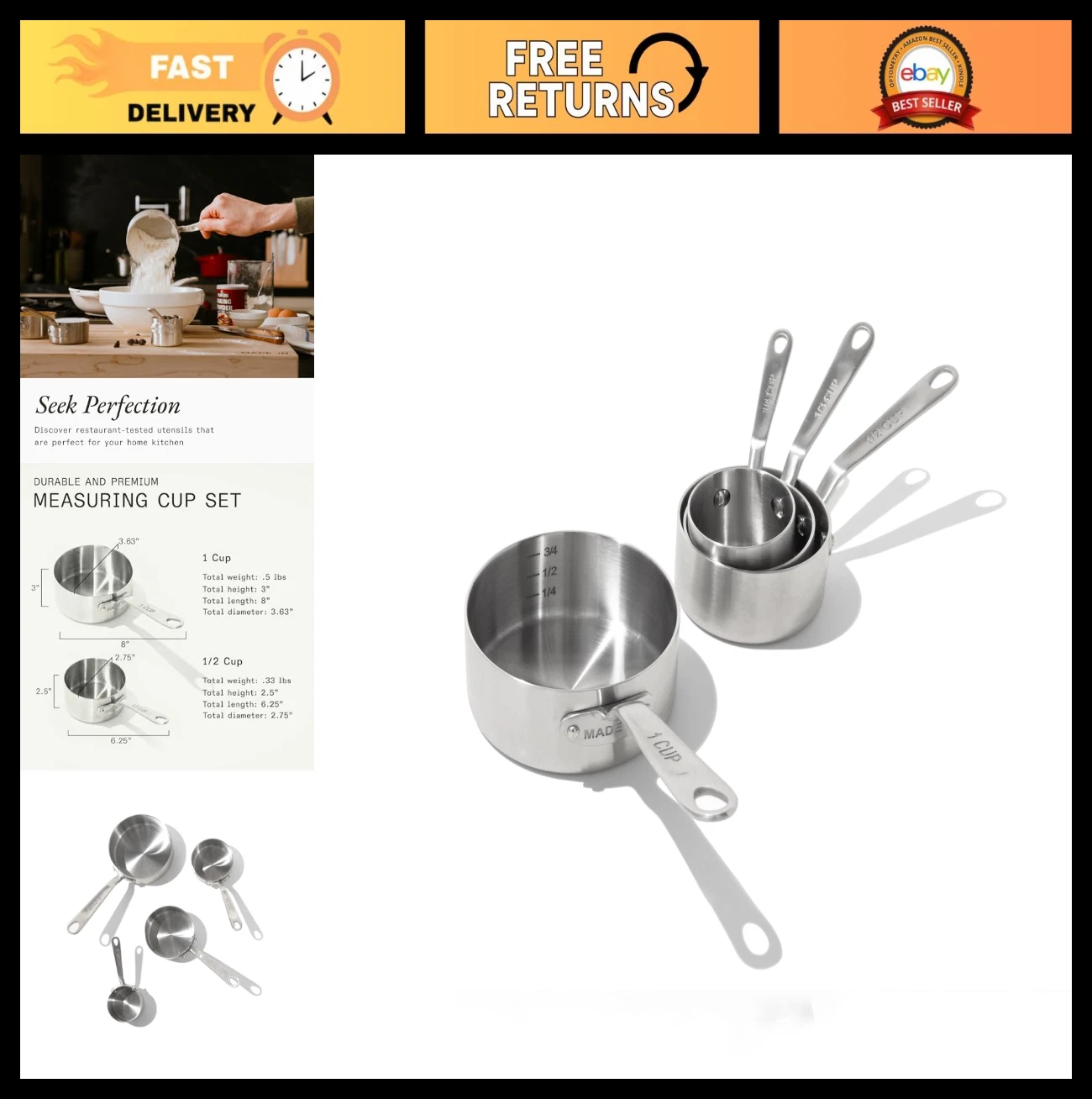 Stainless Steel Measuring Cup Set - Stackable, Dishwasher Safe, Kitchen Essentia