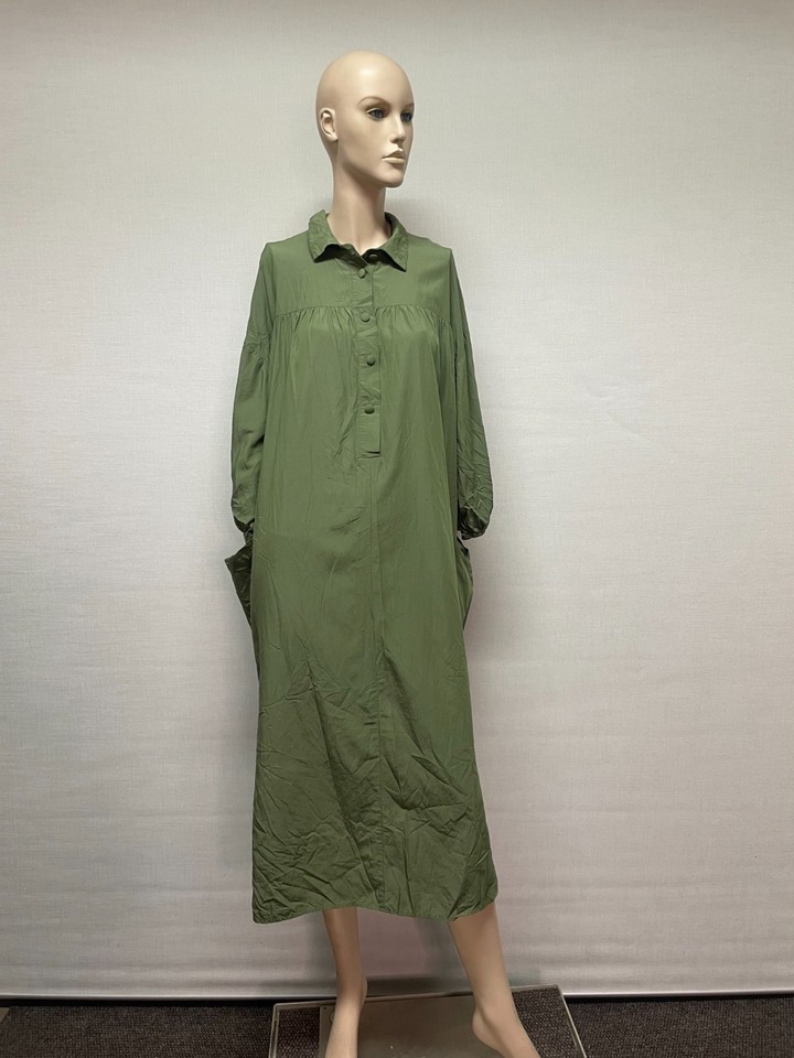Zara Olive Green Long Sleeve Shirt Dress Size L Midi Maxi Button Front Casual