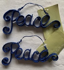 Set Of 2 PEACE Blue Glitter Metal Script Holiday Ornaments - NEW Christmas