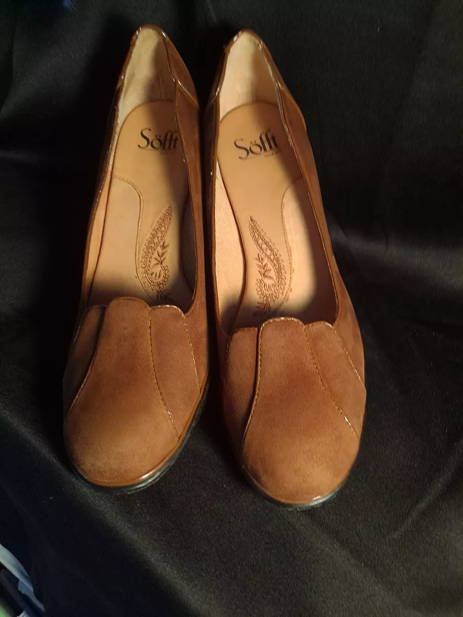 Sofft Teagan caramel suede pump leather heel shoes new size 9 and 1/2