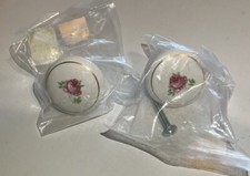 Lot of 2 VTG Porcelain Pink Flower Floral Drawer Pulls Cabinet Knobs Gold Accent