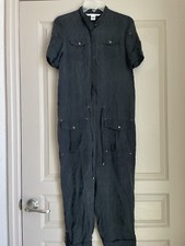 DVF Diane Von Furstenberg Black Satin Utility Jumpsuit Relaxed Button Sz 0