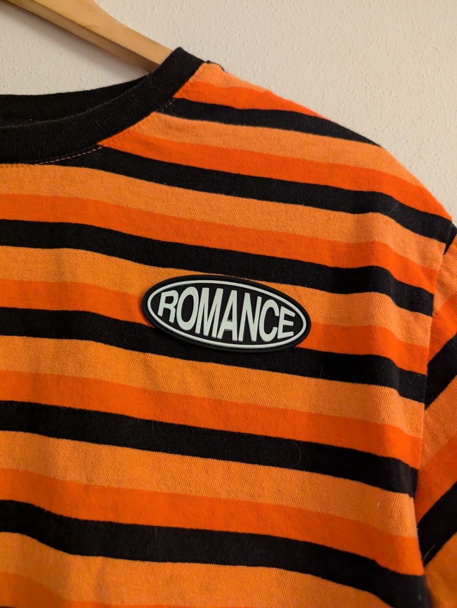 Forever 21 Women's Orange & Black Stripe Crop Top Tee Romance Logo