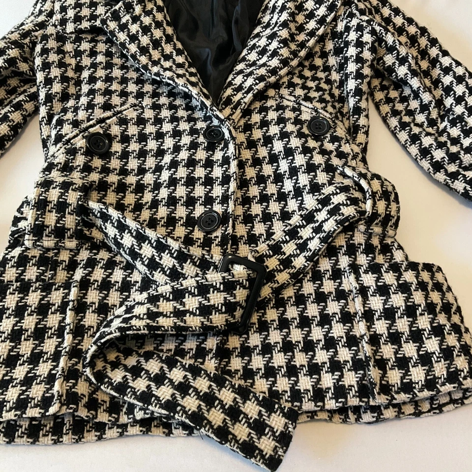 Chaqueta Coffeeshop Mujer Talla M Negra Blanca Forrada a Cuadros Manga Larga Bolsillos Cinturón Foto 4 de 4