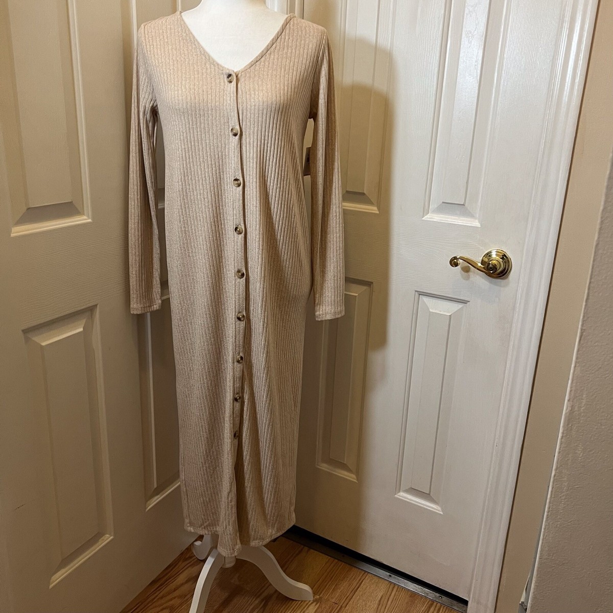Old Navy Rib Knit Cardigan Sweater Midi Wishbone Beige Dress Size XS