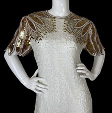 VTG 80s Laurence Kazar White Silk Gold Sequined Cocktail Dress Womens