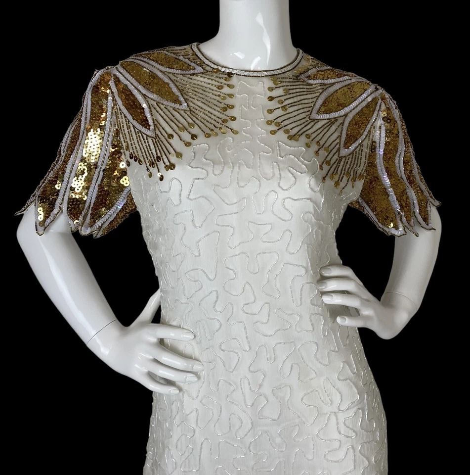 VTG 80s Laurence Kazar White Silk Gold Sequined Cocktail Dress Womens - Image 3 of 4