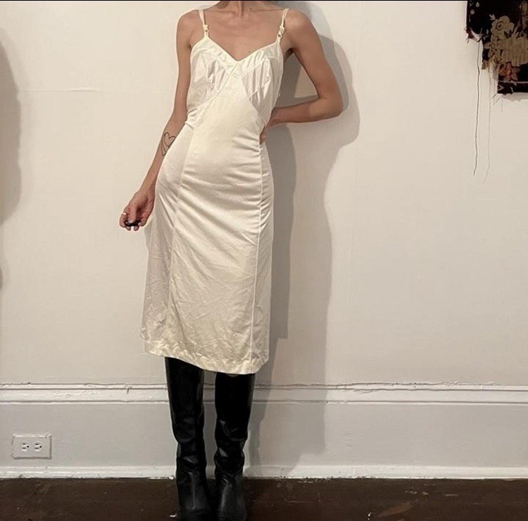 Vintage 70s Cream Slip Dress, Adjustable Straps, Size M - Excellent Condition