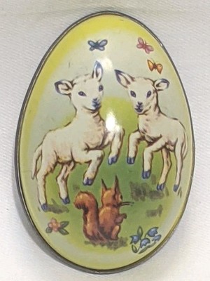 Liam Devlin Metal Tin Litho Easter Egg Candy Container Sheep Squirrel England