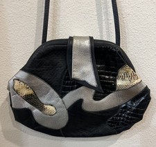 Vintage 80s Palizzio Black Silver Reptile Patchwork Leather Purse Bag Crossbody