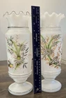 Antique Hand-Painted Milk Satin Glass Vases Pair with Ruffled Rim Floral Design