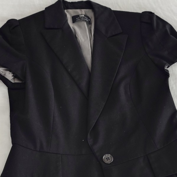 Cue Women’s Black Cotton Short Sleeve Lined Button Jacket Blazer Size 10