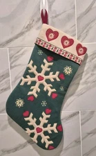 Large Green Stocking Snowflakes Hearts 20" Country Style Cotton Jingles and Joy