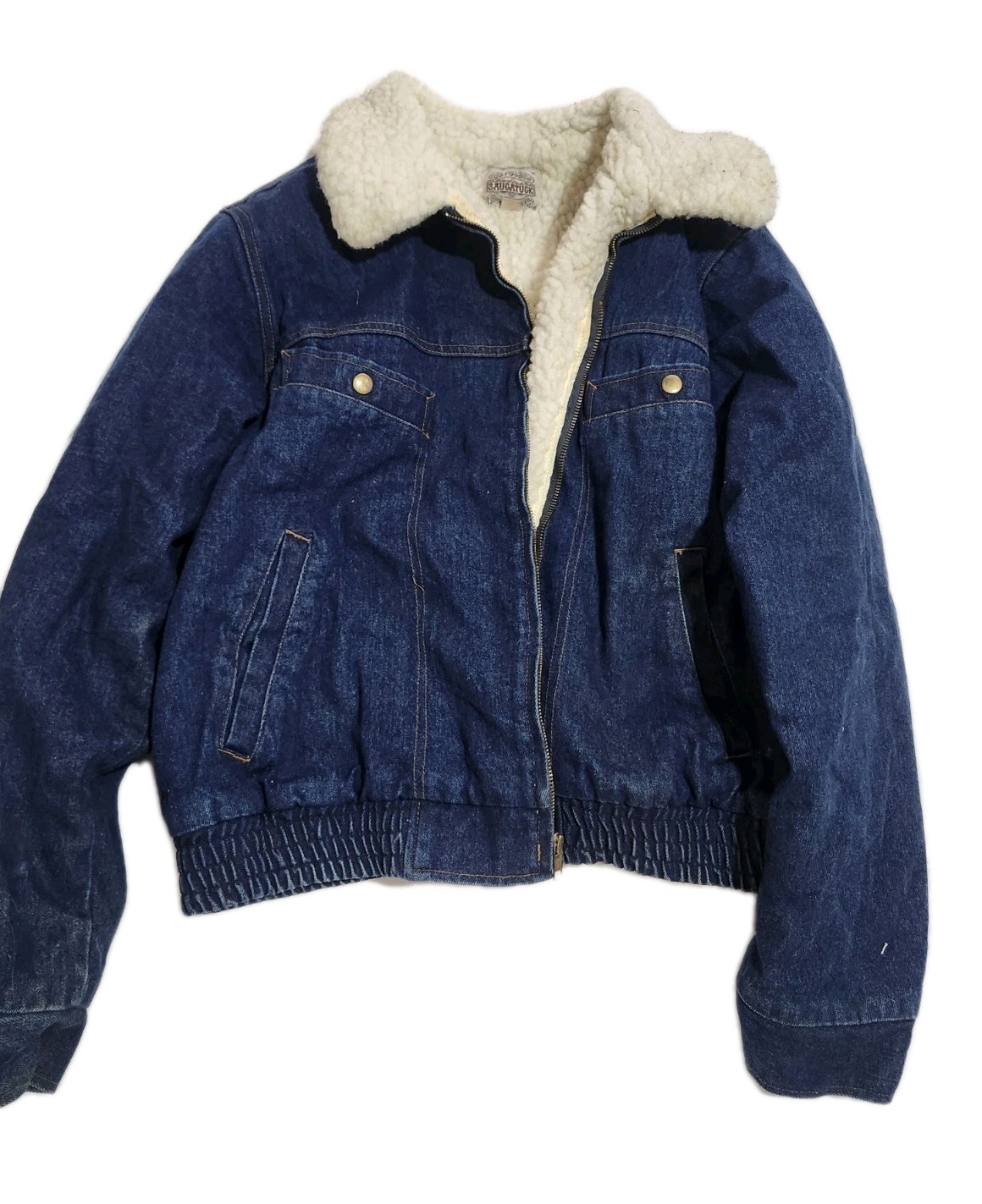 Vintage Saugatuck Blue Denim Full Zip Sherpa Lined Jacket Size 42 Western Cowboy