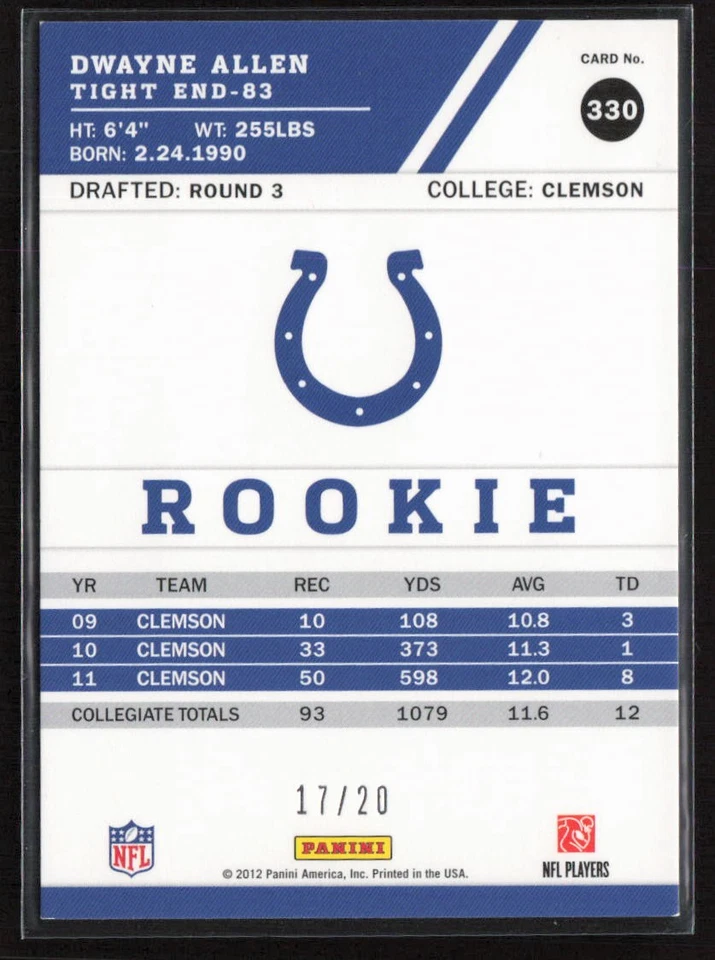2012 Score Red Zone #/20 Dwayne Allen #330 Rookie Colts - Image 2 of 2