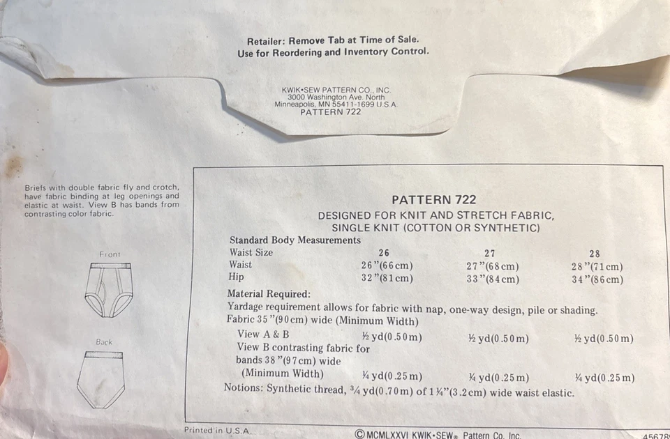 Ropa interior para hombre patrón de costura para calzoncillos 1976 vintage Kwik coser #722 sin abrir Foto 3 de 3