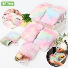 16PCS Plush Faux Fur Coin Change Purse Keychain Zippered Wallet Pouch for Women
