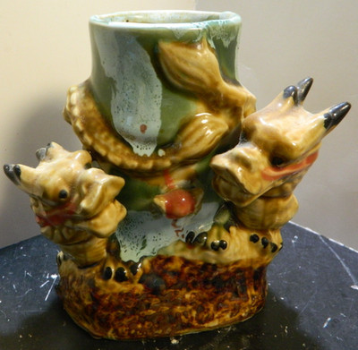 Vintage Majolica Style Foo Dog Planter / Vase 6'' x 5.75'' x 4'' Excellent