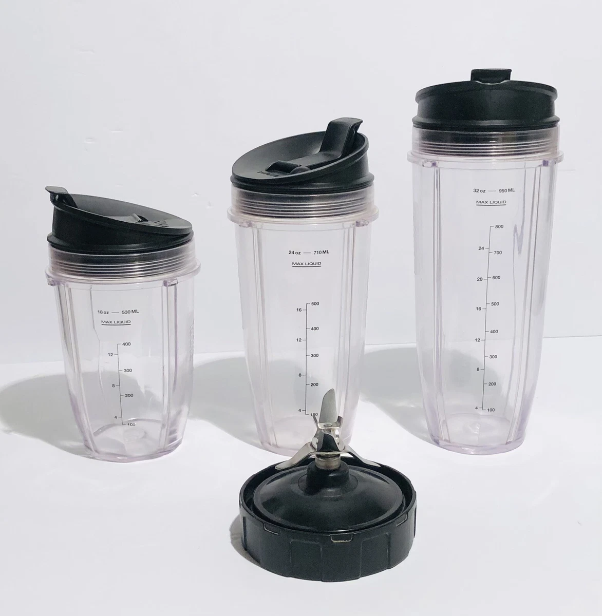 Lot Of 3 Nutri Ninja Blender Cups With 3 Lids and Blade 18 24 32 OZ